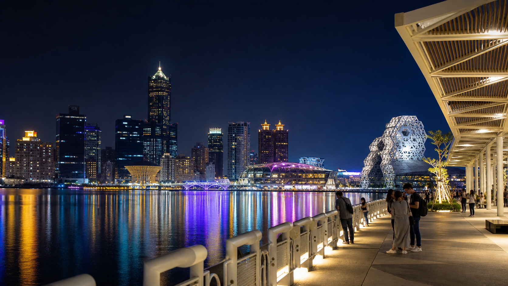 Kaohsiung harbor skyline and illuminated waterfront at night