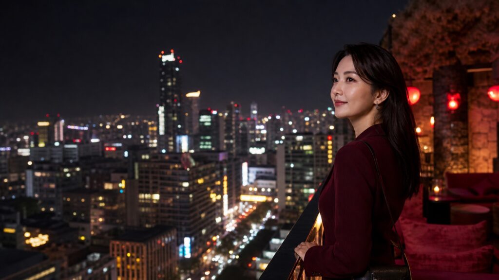 Seoul nightlife viewed from an elegant rooftop lounge