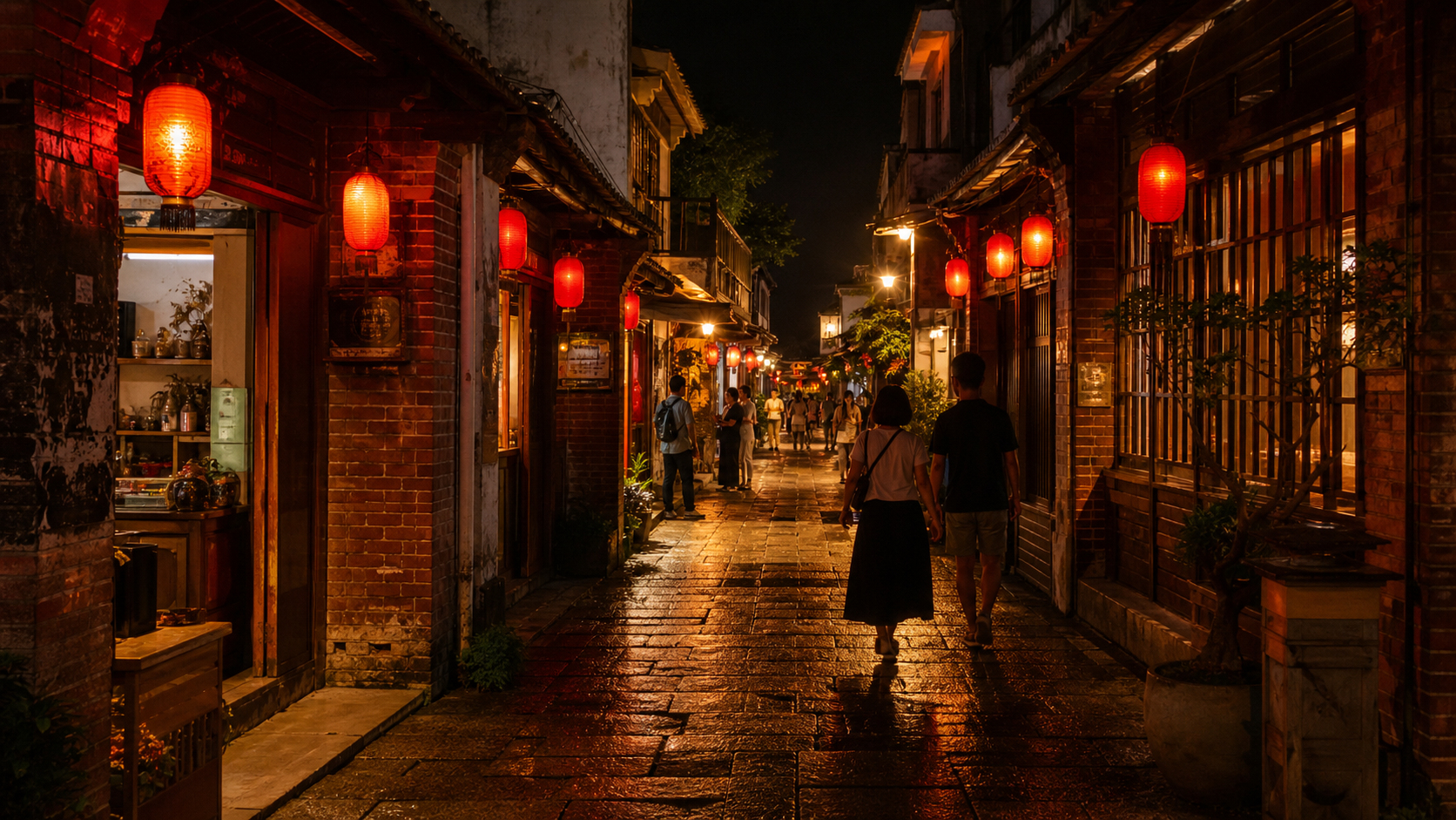 Historic Tainan alley illuminated by red lanterns at night