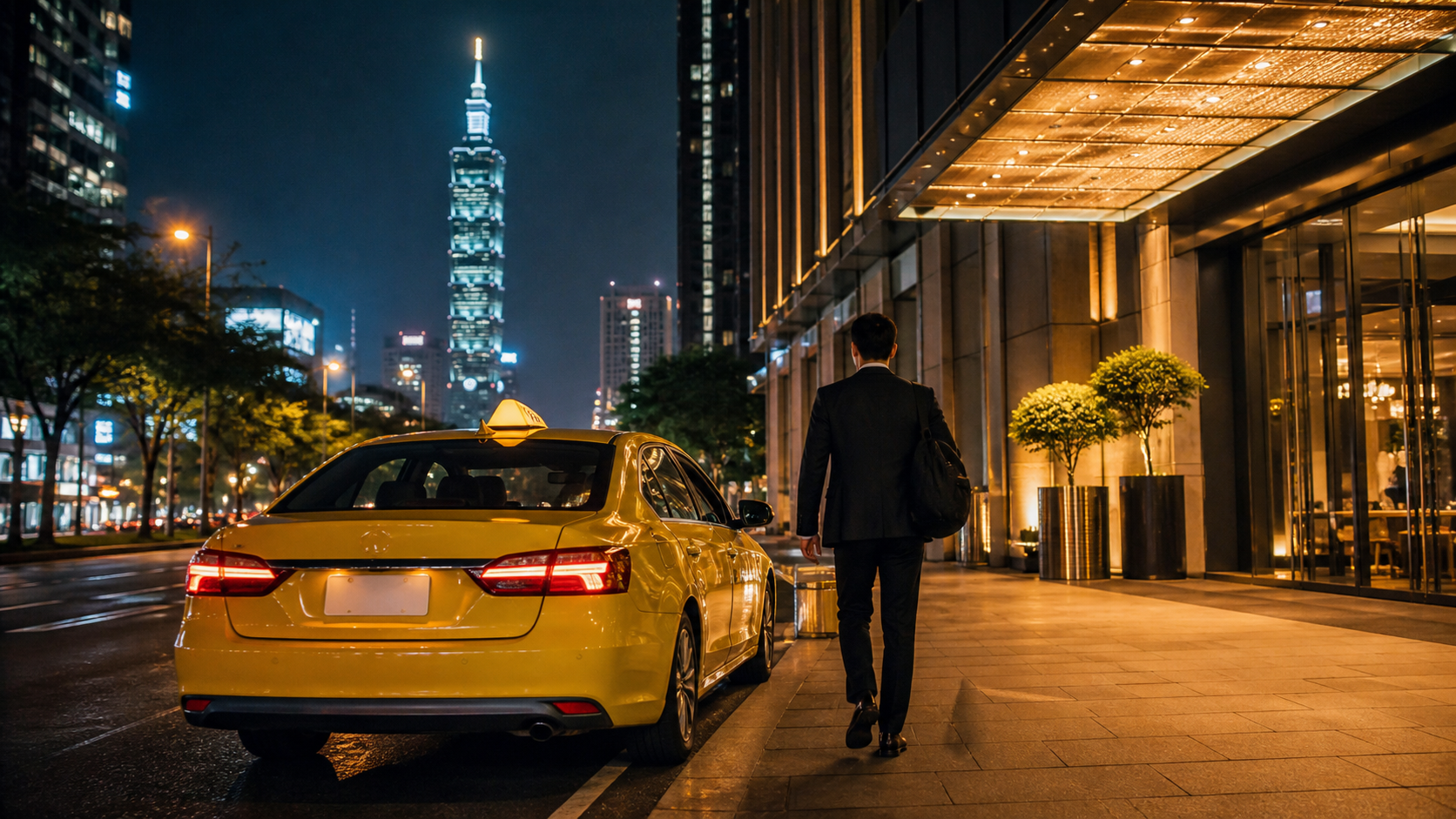 Taxi traveling through central Taipei at night