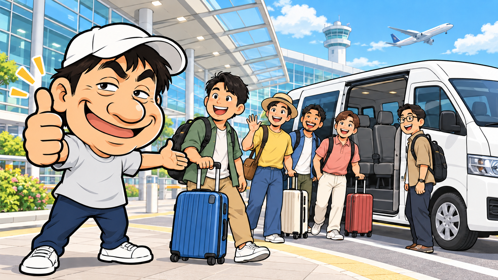 空港での無料送迎を案内するやさ男のイラスト