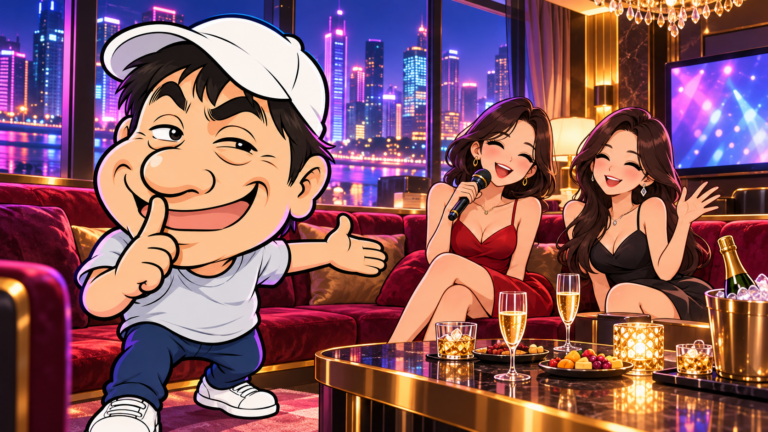 やさ男と女性たちが江南のルームサロンで過ごすイラスト